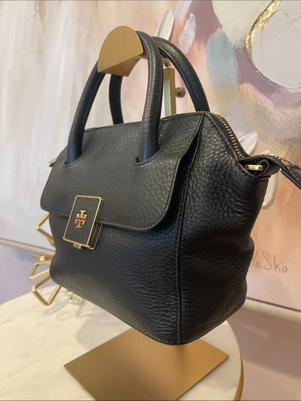 Tory Burch Clara Black Pebbled Leather Top-Handle Satchel